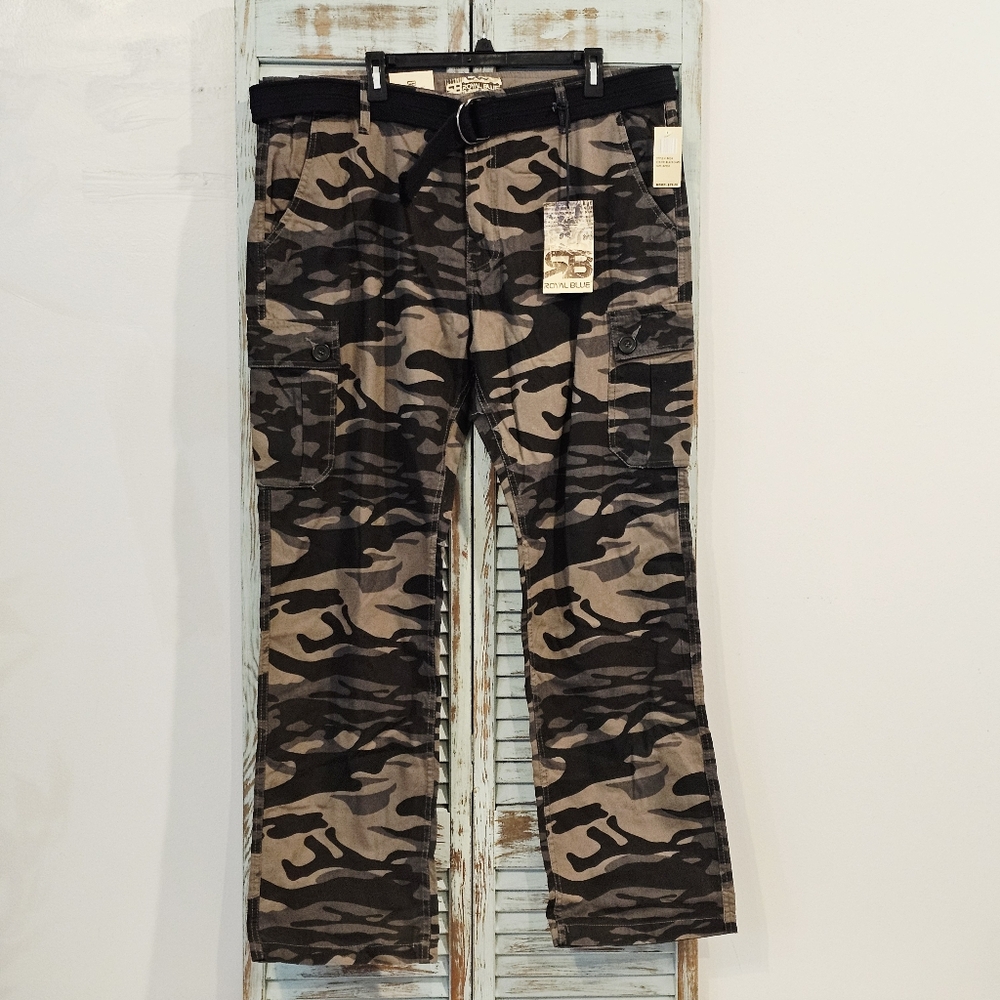 NWT ROYAL BLUE Mens 42x32 Black Camo Streetwear Military Premium Cargo Pants